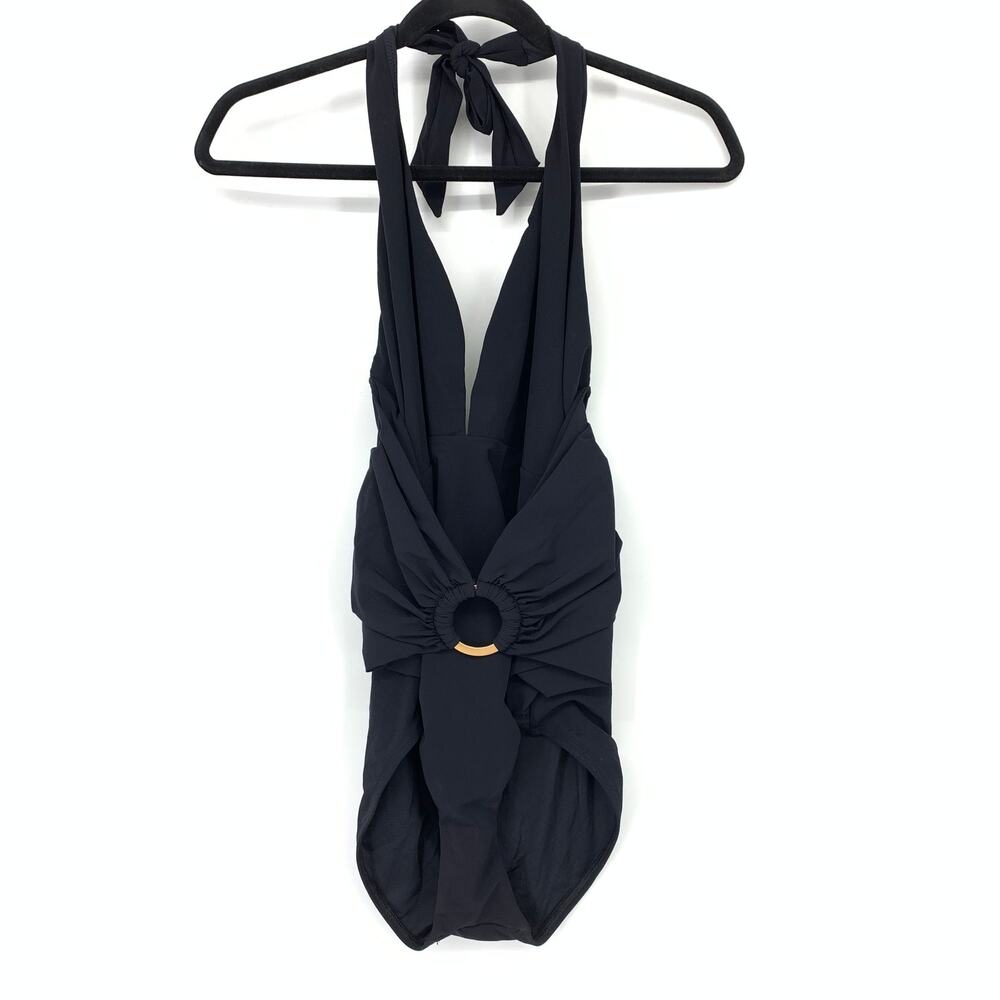 JETS Australia Belted Front One Piece Swimsuit Halter Neck Womens US Sz 10 Black